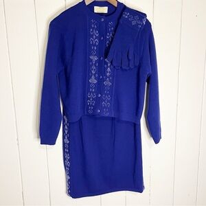 Vintage Knitted Colours of Benetton Purple Cardigan, Sweater and Gloves Set.